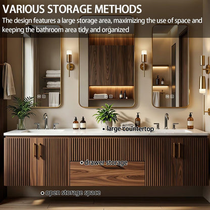 60”-84”Double Sink Floating Bathroom Vanity with Gold Mirrors, Walnut Fluted Wood Cabinet