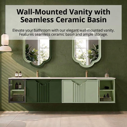60"-96"Sage Green Floating Bathroom Vanity with Double Sinks & Scalloped Mirrors