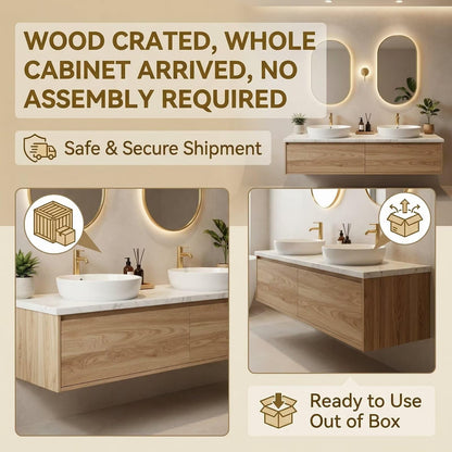 60"-84"Natural Oak Wall-Mounted Vanity with Marble Top & Soft-Close Storage Drawers
