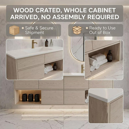60”-96”Modern Wall-Mounted Vanity with Open LED Shelf & Marble-Look TopModern Wall-Mounted Vanity with Open LED Shelf & Marble-Look TopModern Wall-Mounted Vanity with Open LED Shelf & Marble-Look Top