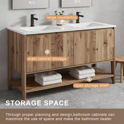 60”-84”Double Sink Freestanding Bathroom Vanity, Solid Teak Cabinet with Open Shelf & LED Mirrors