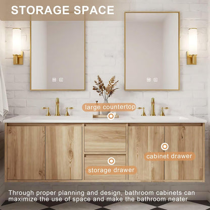 60”-84”Double Sink Floating Bathroom Vanity with 2 Gold LED Mirrors, Light Oak Wall Mounted Vanity with White Top