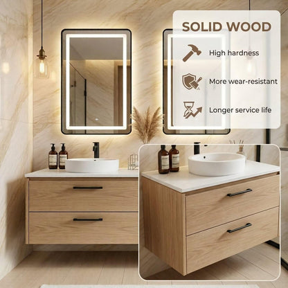 60"-96"Light Oak Floating Bathroom Vanity with Double Vessel Sinks & LED Mirrors