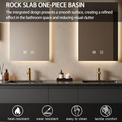 60”-84” Double Floating Vanity, Matte Black Cabinet with Gold Trim LED Mirrors