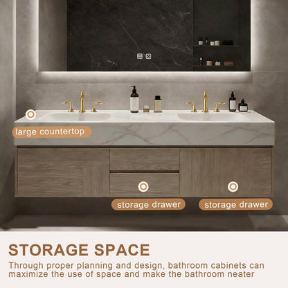 60”-84”Double Sink Floating Bathroom Vanity with LED Backlit Mirror, Wall Mounted Light Oak Vanity with White Marble Top