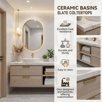 60”-84”Double Sink Floating Bathroom Vanity with Gold Oval Mirrors, Light Wood Cabinet & Marble Top