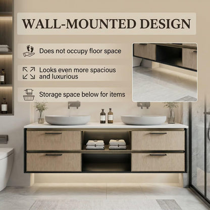 60"-84"Modern Floating Bathroom Vanity Set with LED Mirror & Open Shelves