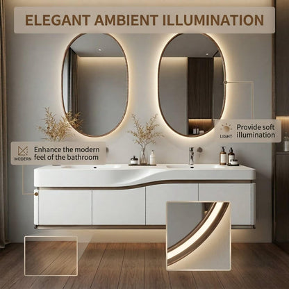 60”-96”Sleek White Bathroom Vanity with Backlit LED Mirrors, Integrated Double Sinks & Gold Trim
