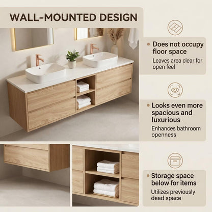 60"-96"Modern Wall-Mounted Bathroom Vanity with Open Shelves & Rose Gold Hardware