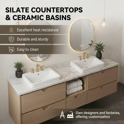 60"-84"Floating Oak Bathroom Vanity with Double Sinks & LED Oval Mirrors