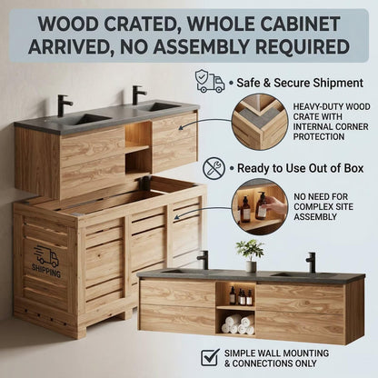 60”-84”Double Sink Floating Bathroom Vanity with LED Round Mirrors, Light Wood Cabinet & Stone Top