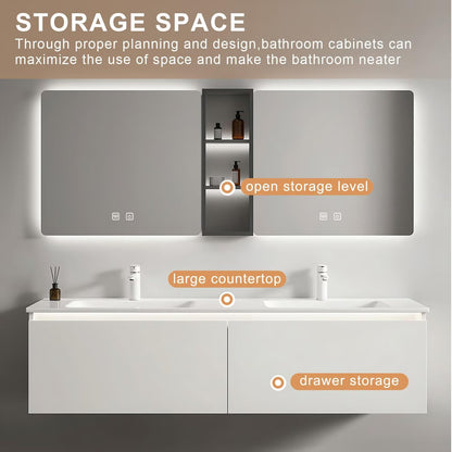 60”-84” Double Sink Floating Bathroom Vanity with LED Mirrors & Open Shelf, Wall Mounted White Vanity with Integrated Top