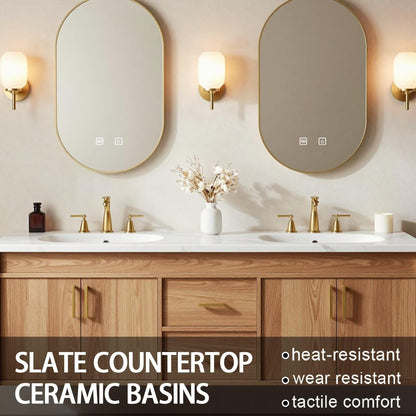60"-84"Floating Oak Bathroom Vanity with Double Sinks & LED Oval Mirrors