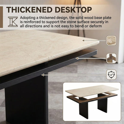 60"-80"Modern Rectangular Dining Table, Light Travertine Top with Matte Black Legs