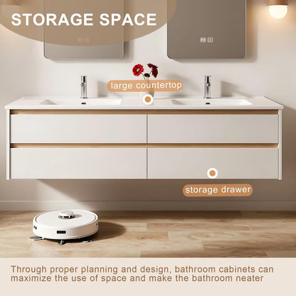 60”-84” Double Sink Floating Bathroom Vanity with 2 LED Mirrors, White Wall Mounted Vanity with Light Oak Accents