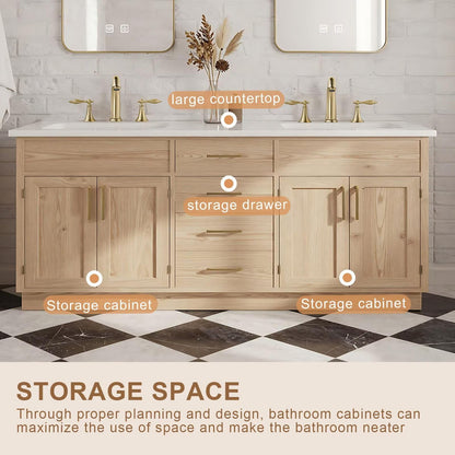60”-96” Double Sink Freestanding Bathroom Vanity with 2 Gold LED Mirrors, Light Oak Wood Vanity with White Marble Top