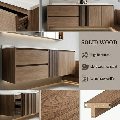 60”-96” Light Oak Floating Bathroom Vanity with Double Sinks & LED Mirror Cabinet