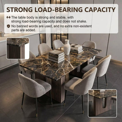 56"-96"Modern Black Gold Marble Dining Table, Rectangular Kitchen Table with Sturdy Wooden Legs for Dining Room