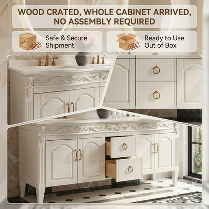 60"-96"White Traditional Bathroom Vanity with Double Sinks & LED Oval Mirrors