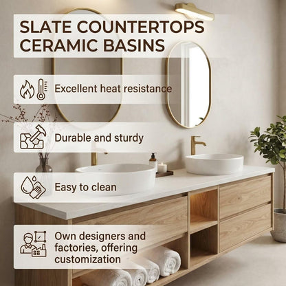 60"-84"Light Oak Floating Bathroom Vanity Set with Oval Gold Mirrors & Open Storage