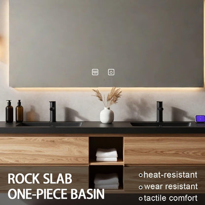 60"-84"Floating Oak Bathroom Vanity with Double Sinks & LED Mirror