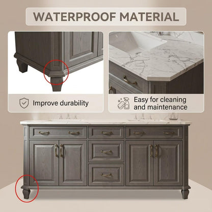 60”-112” Antique Gray Wood Double Vanity with Ornate Mirrors & Gold Hardware