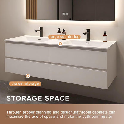 60”-84”Double Sink Floating Bathroom Vanity, All-White Modern Cabinet with Backlit LED Mirror