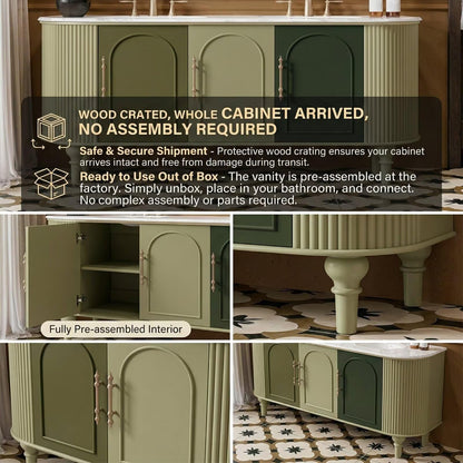 60"-96"Vintage Green Floating Vanity with Double Basins, Storage & Brass Hardware