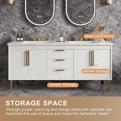 60”-84” Double Sink Bathroom Vanity with LED Oval Mirrors, Freestanding Cabinet with Marble Top, White with Gold Hardware
