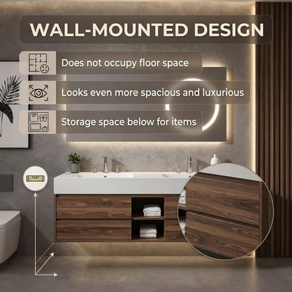 60"-84"Dark Walnut Floating Bathroom Vanity Set with LED Mirror & Open Shelves