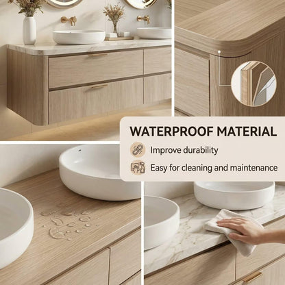 60"-96"Floating Oak Bathroom Vanity with Double Vessel Sinks & LED Oval Mirrors