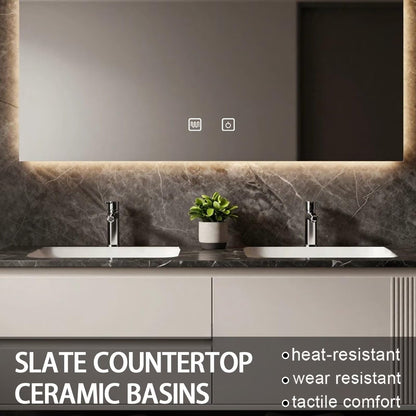 60”-84” Double Floating Vanity, Light Beige Cabinet with LED Backlit Mirror