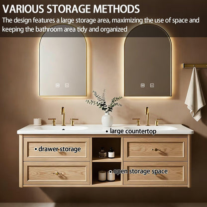 60”-84”Double Sink Floating Bathroom Vanity with Gold Arch LED Mirrors, Light Oak Cabinet