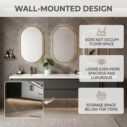 60"-96"Dark Gray Floating Bathroom Vanity with Double Sinks & LED Oval Mirrors