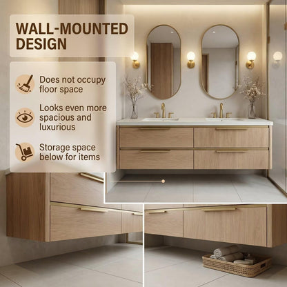 60"-84"Modern Oak Floating Bathroom Vanity with Double Sinks & Gold Oval Mirrors