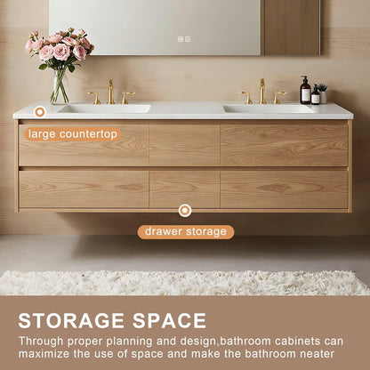 60”-84” Floating Double Sink Bathroom Vanity with LED Defog Mirror, Wall Mounted Oak Wood Vanity with Storage Drawers