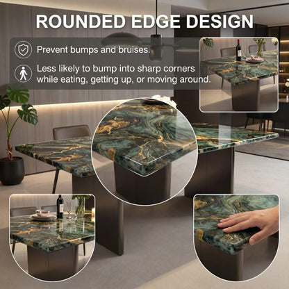 56"-96"Luxury Green Gold Marble Dining Table, Modern Rectangular Kitchen Table with Black Metal Base