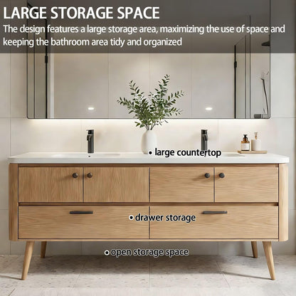 60"-84"Freestanding Oak Bathroom Vanity with Double Sinks & LED Mirror