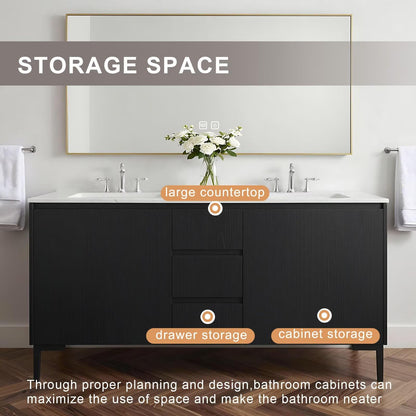 60”-84”Double Sink Bathroom Vanity with Gold Frame Mirror, Freestanding Black Wood Vanity with Storage Drawers & Doors, Modern Bathroom Cabinet