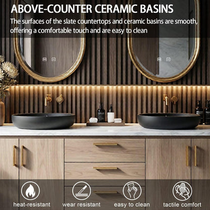 60"-84"Double Sink Bathroom Vanity, Natural Wood Cabinet with White Marble Countertop