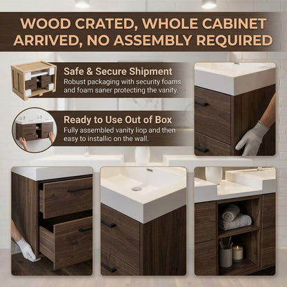 60"-96"Modern Wall-Mounted Bathroom Vanity with Open Shelf & Soft-Close Drawers
