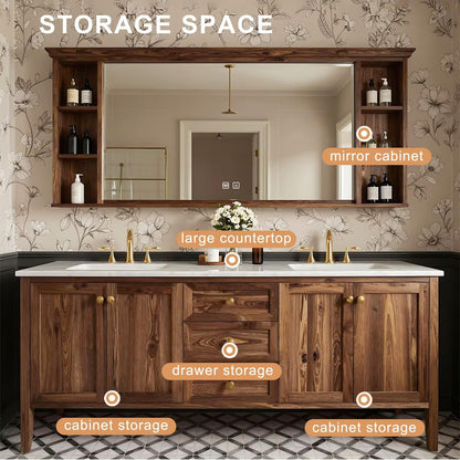 60”-96”Double Sink Freestanding Bathroom Vanity with Mirror & Storage Shelves, Solid Wood Vanity with Drawers & Doors, Modern Farmhouse Bathroom Cabinet
