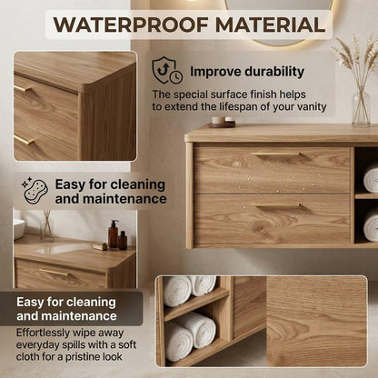 60”-96” Light Oak Floating Bathroom Vanity with Double Sinks & LED Oval Mirrors