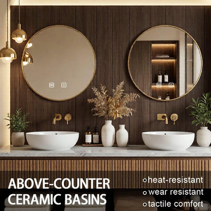 60"-84"Floating Oak Bathroom Vanity with Double Vessel Sinks & LED Round Mirrors