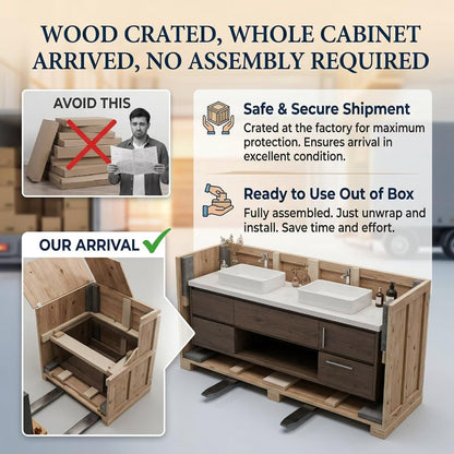 60”-96” Modern Dark Wood Vanity with Double Basins, Storage Drawers & LED Wall Mirrors