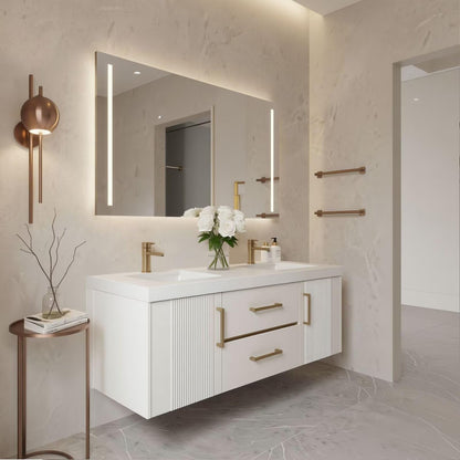 60”-96”White Floating Bathroom Vanity with Double Sinks & LED Lighted Mirror