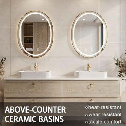 60”-84”Double Sink Floating Bathroom Vanity with LED Round Mirrors, Light Wood Cabinet & Gold Hardware