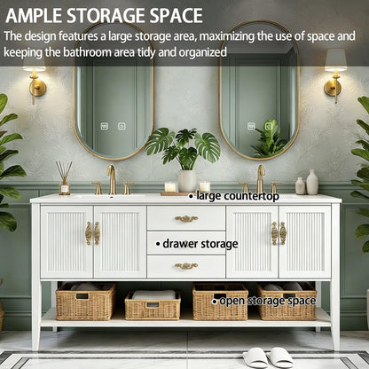 60”-84”Double Sink Freestanding Vanity with Gold Oval Mirrors, White Cabinet & Marble Top