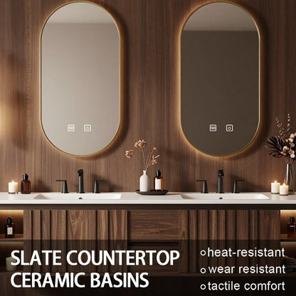 60”-84”Double Sink Floating Bathroom Vanity with LED Oval Mirrors, Walnut Fluted Cabinet