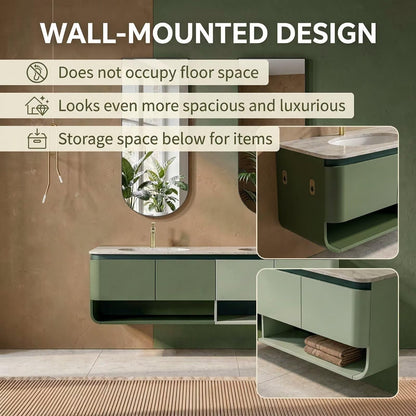 60"-96"Modern Wall-Mounted Vanity with Open Shelves, Marble Countertop & LED Mirrors
